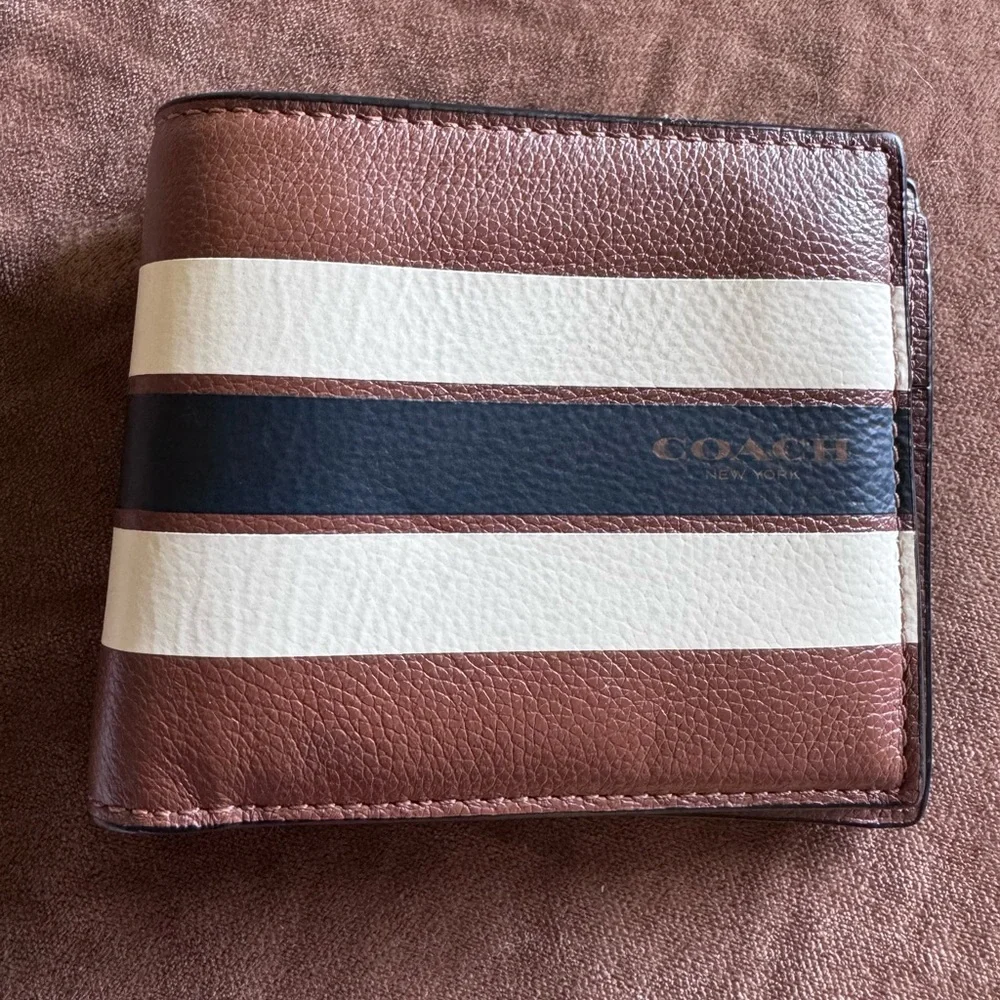 Coach Brown Leather Wallet with White and Navy Stripes